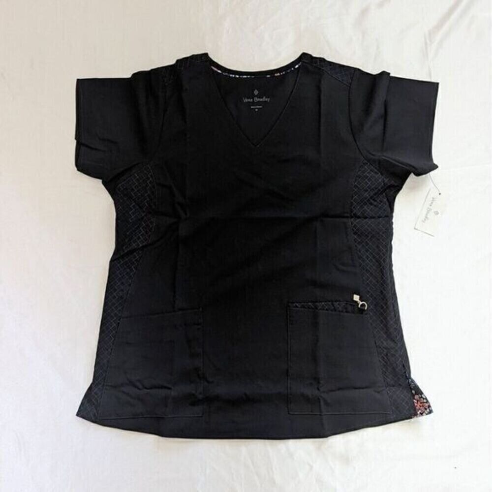 New Vera Bradley Medical Nurse Doctor Uniform Scrub Top V-Neck Black Medium